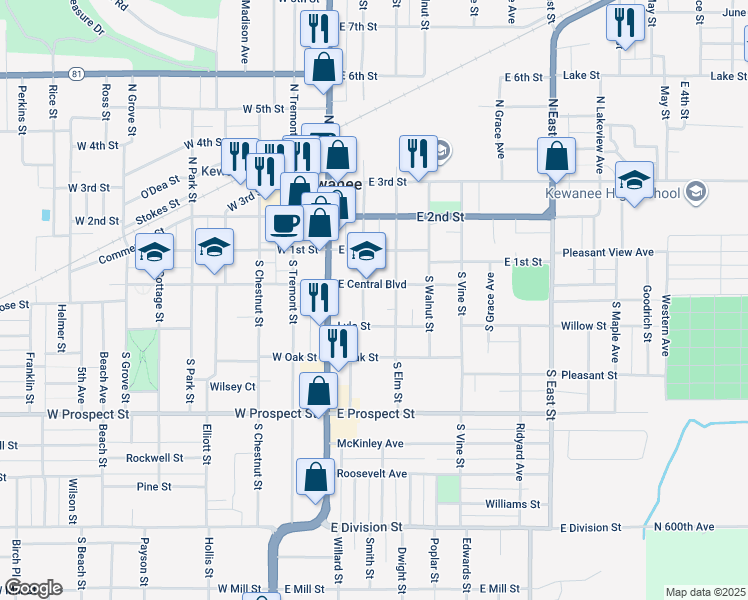 map of restaurants, bars, coffee shops, grocery stores, and more near 215 East Central Boulevard in Kewanee