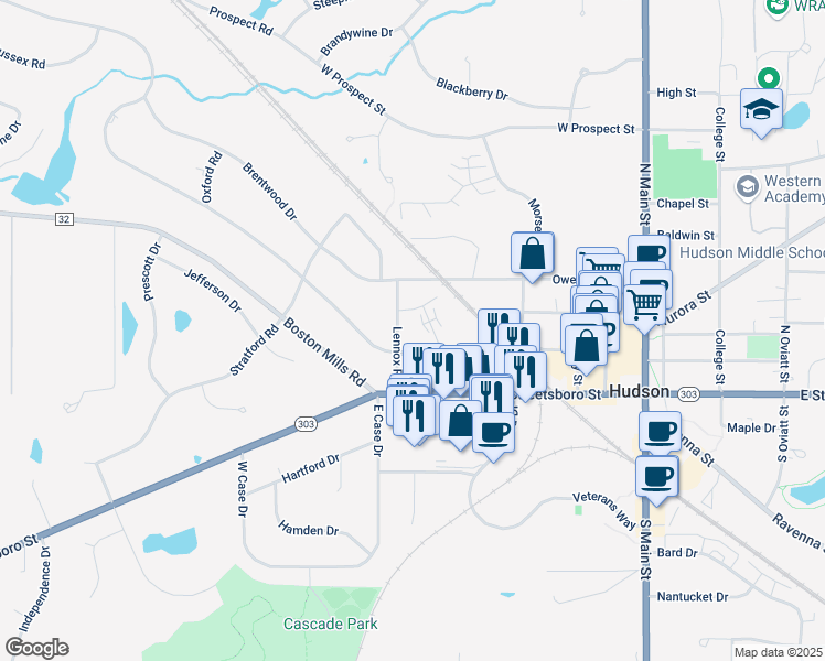 map of restaurants, bars, coffee shops, grocery stores, and more near 24 Lennox Road in Hudson