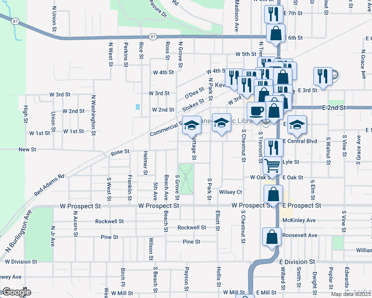map of restaurants, bars, coffee shops, grocery stores, and more near 609 West Central Boulevard in Kewanee