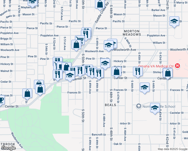map of restaurants, bars, coffee shops, grocery stores, and more near 1706 South 49th Street in Omaha