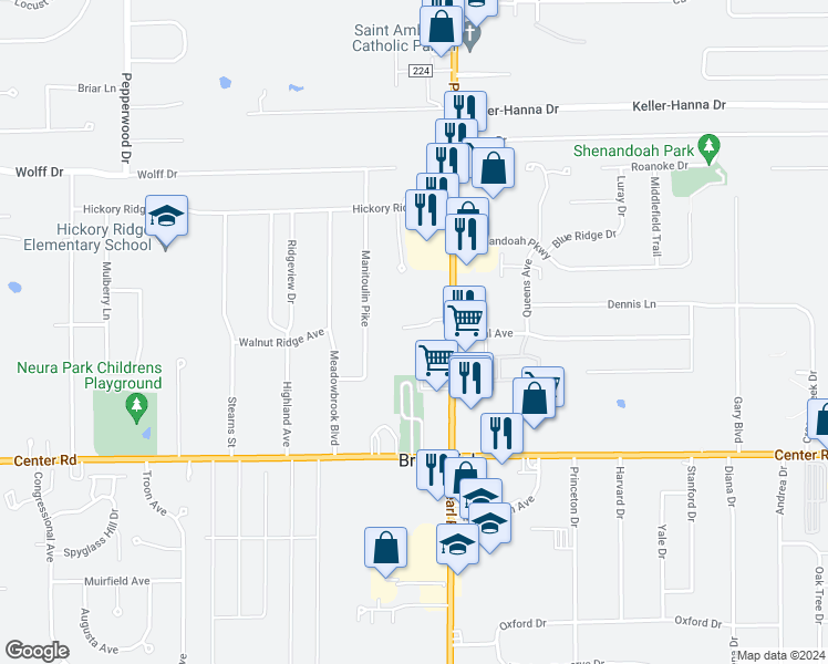 map of restaurants, bars, coffee shops, grocery stores, and more near 4385 Inner Circle Drive in Brunswick