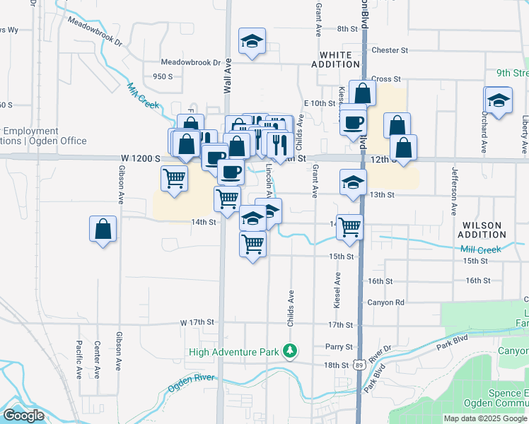 map of restaurants, bars, coffee shops, grocery stores, and more near 1325 Lincoln Avenue in Ogden