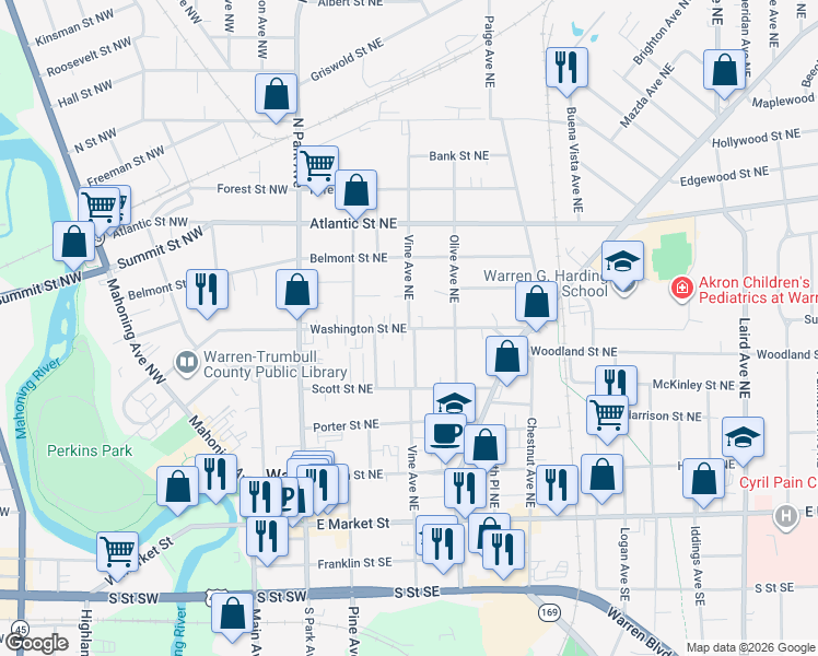 map of restaurants, bars, coffee shops, grocery stores, and more near 601 Vine Avenue Northeast in Warren