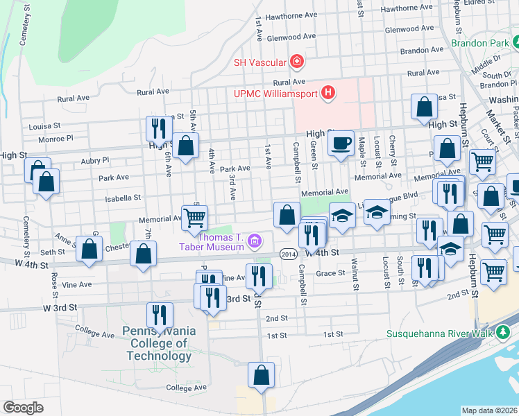 map of restaurants, bars, coffee shops, grocery stores, and more near 617 1st Avenue in Williamsport