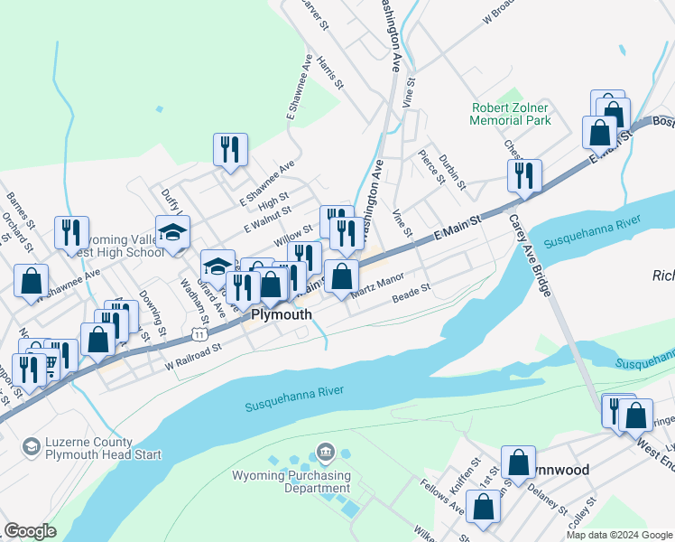 map of restaurants, bars, coffee shops, grocery stores, and more near 107 East Main Street in Plymouth