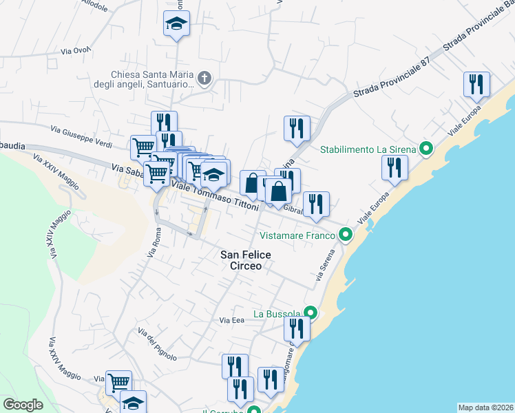 map of restaurants, bars, coffee shops, grocery stores, and more near S.P. Badino in San Felice Circeo