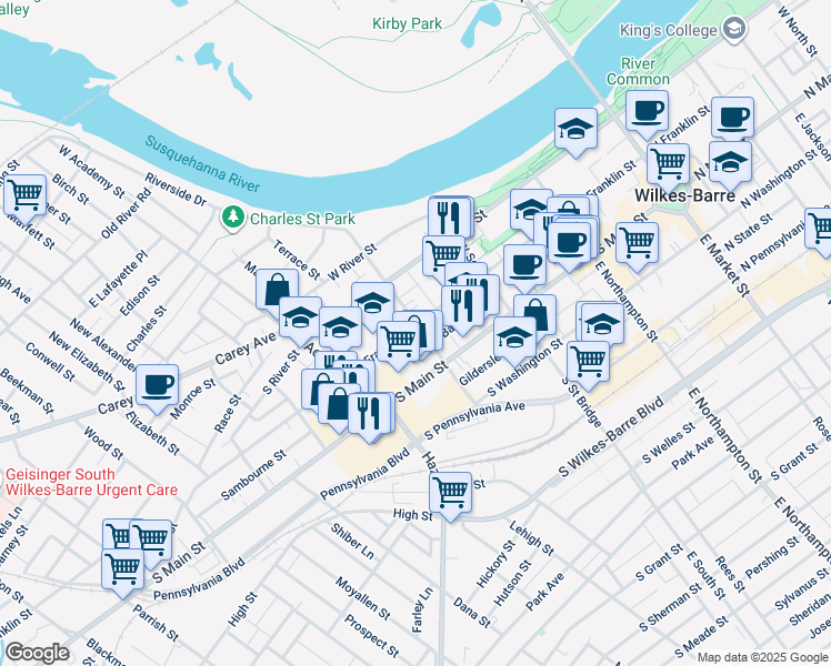 map of restaurants, bars, coffee shops, grocery stores, and more near 281 South Franklin Street in Wilkes-Barre