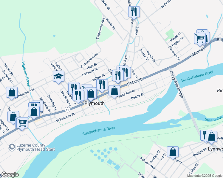 map of restaurants, bars, coffee shops, grocery stores, and more near 101-107 East Main Street in Plymouth