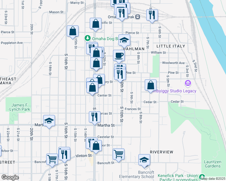 map of restaurants, bars, coffee shops, grocery stores, and more near 1710 South 11th Street in Omaha