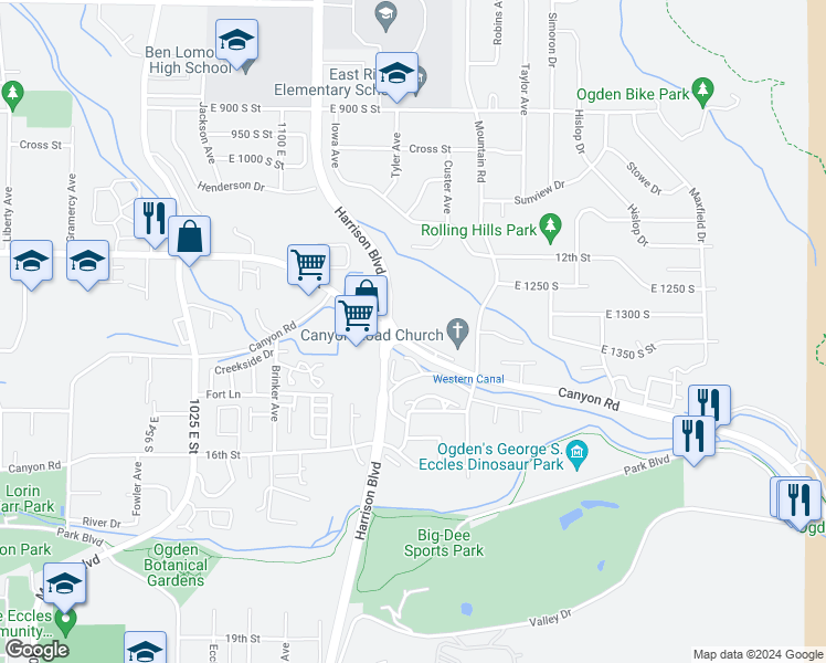 map of restaurants, bars, coffee shops, grocery stores, and more near 1336 Canyon Road in Ogden