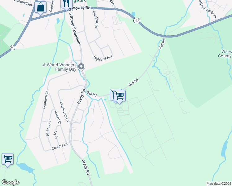 map of restaurants, bars, coffee shops, grocery stores, and more near 34-42 Ball Road in Warwick