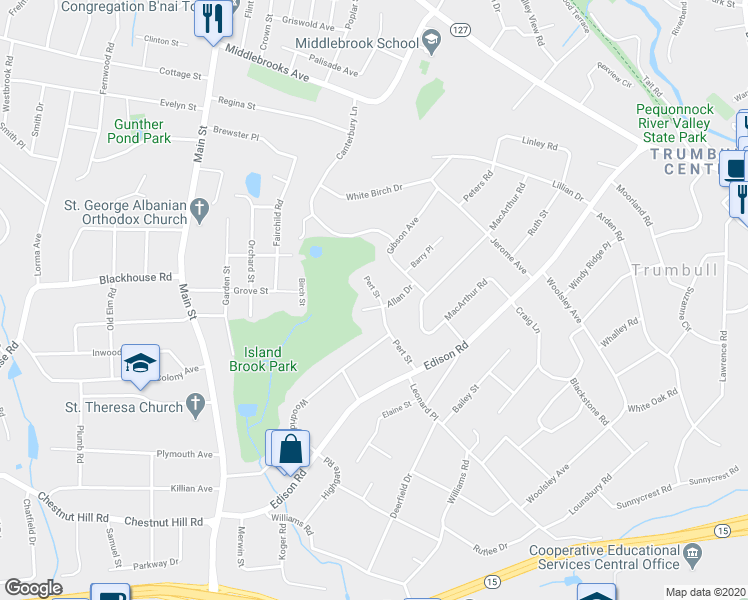map of restaurants, bars, coffee shops, grocery stores, and more near 39 Pert Street in Trumbull