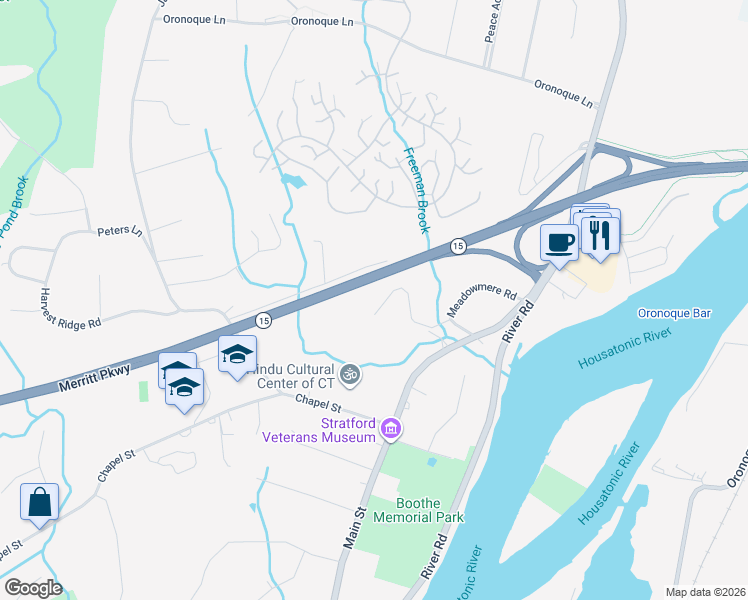 map of restaurants, bars, coffee shops, grocery stores, and more near 250 Tanglewood Road in Stratford