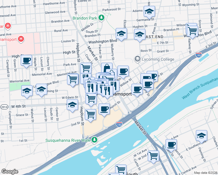 map of restaurants, bars, coffee shops, grocery stores, and more near 4 West 4th Street in Williamsport