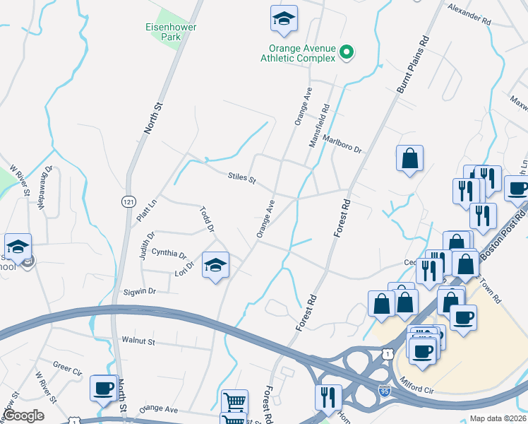 map of restaurants, bars, coffee shops, grocery stores, and more near 395 Orange Avenue in Milford