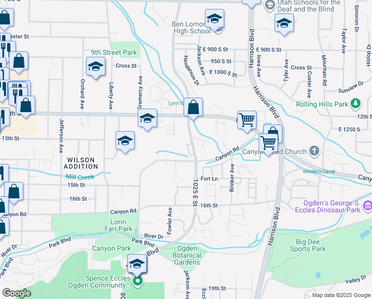 map of restaurants, bars, coffee shops, grocery stores, and more near 1305 Monroe Boulevard in Ogden
