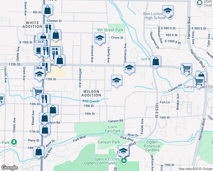 map of restaurants, bars, coffee shops, grocery stores, and more near 1324 Liberty Avenue in Ogden