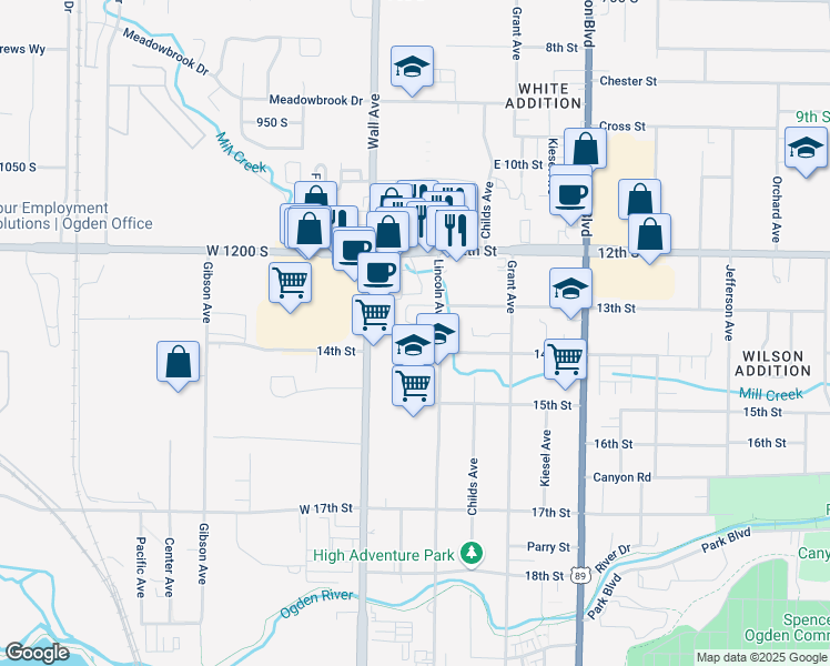 map of restaurants, bars, coffee shops, grocery stores, and more near 1325 Lincoln Avenue in Ogden