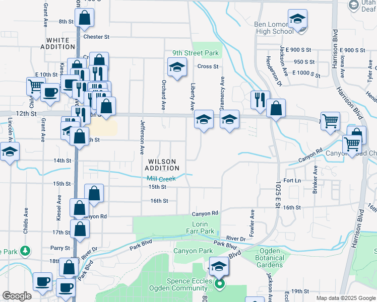 map of restaurants, bars, coffee shops, grocery stores, and more near 1324 Liberty Avenue in Ogden