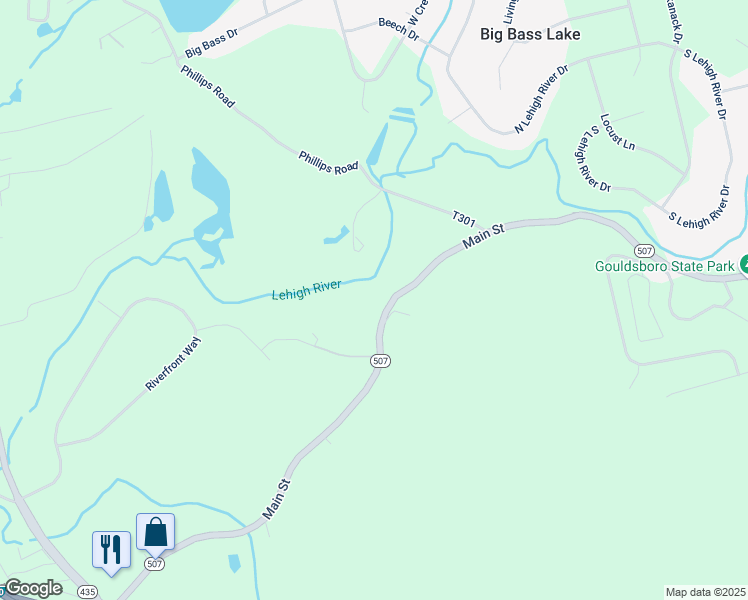 map of restaurants, bars, coffee shops, grocery stores, and more near 195 Main Street in Big Bass Lake