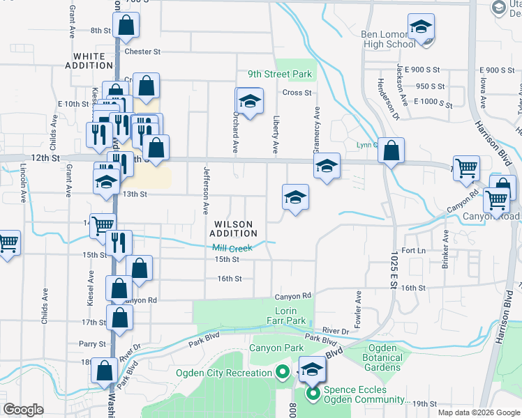 map of restaurants, bars, coffee shops, grocery stores, and more near 1325 Liberty Avenue in Ogden