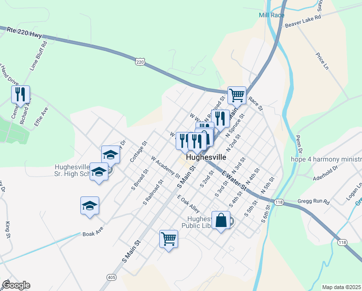 map of restaurants, bars, coffee shops, grocery stores, and more near 150 West Water Street in Hughesville