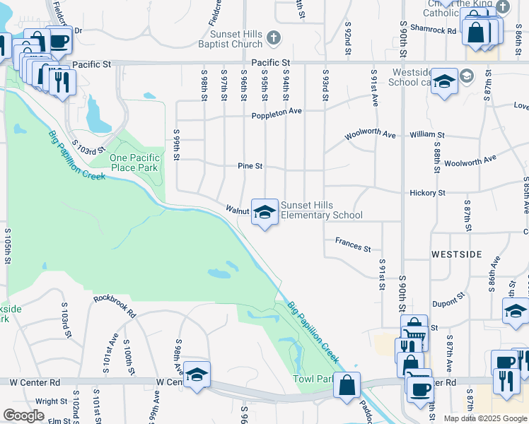 map of restaurants, bars, coffee shops, grocery stores, and more near 9503 Walnut Street in Omaha