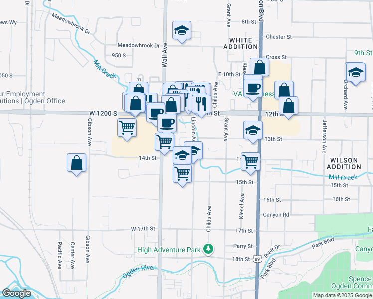 map of restaurants, bars, coffee shops, grocery stores, and more near 1325 Lincoln Avenue in Ogden
