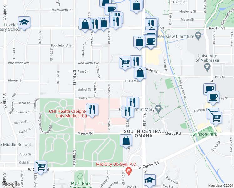 map of restaurants, bars, coffee shops, grocery stores, and more near 1817 South 75th Street in Omaha