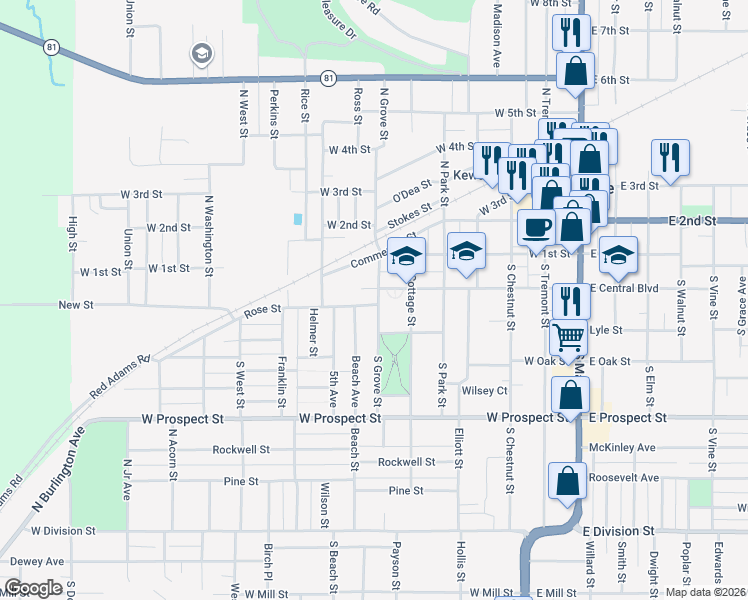 map of restaurants, bars, coffee shops, grocery stores, and more near 119 South Grove Street in Kewanee