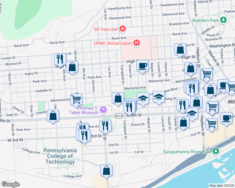 map of restaurants, bars, coffee shops, grocery stores, and more near 617 Campbell Street in Williamsport