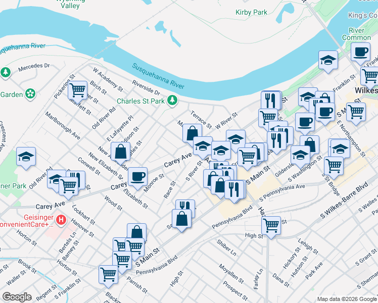 map of restaurants, bars, coffee shops, grocery stores, and more near 193 West River Street in Wilkes-Barre