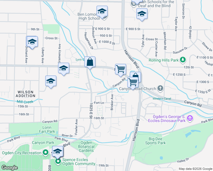 map of restaurants, bars, coffee shops, grocery stores, and more near 1120 Canyon Road in Ogden