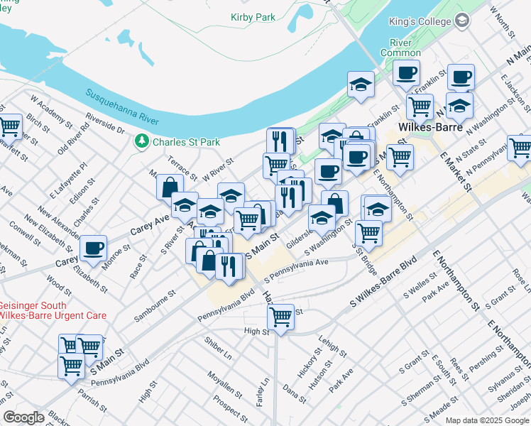 map of restaurants, bars, coffee shops, grocery stores, and more near 281 South Franklin Street in Wilkes-Barre