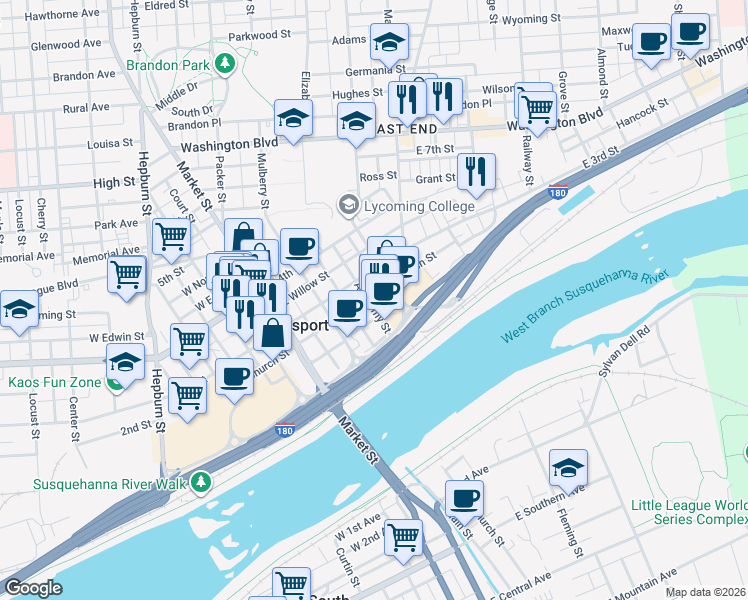 map of restaurants, bars, coffee shops, grocery stores, and more near 227-235 Basin Street in Williamsport