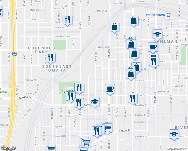 map of restaurants, bars, coffee shops, grocery stores, and more near 1718 South 18th Street in Omaha