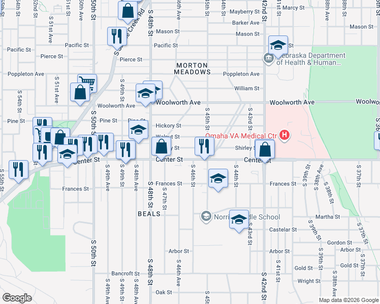 map of restaurants, bars, coffee shops, grocery stores, and more near 4532 Shirley Street in Omaha