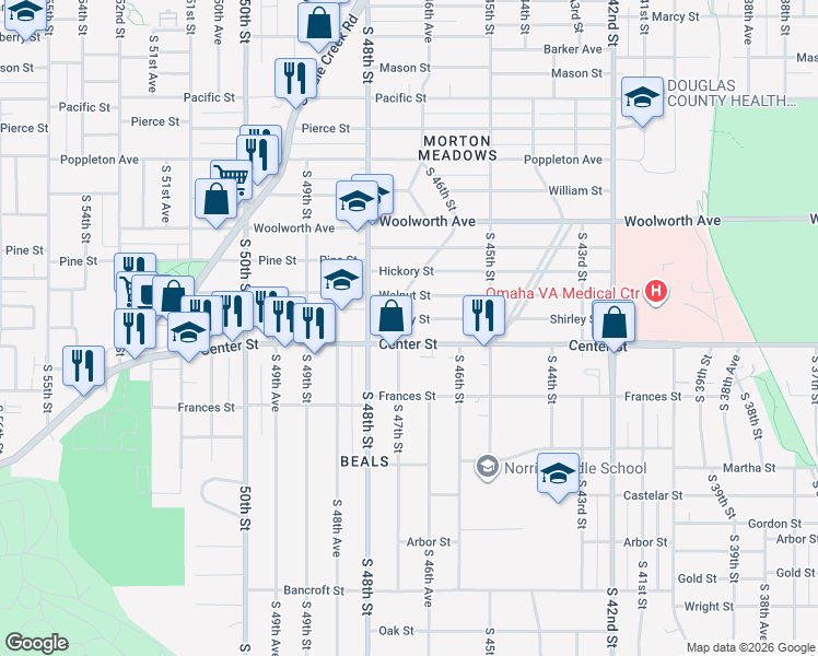 map of restaurants, bars, coffee shops, grocery stores, and more near 4560 Shirley Street in Omaha