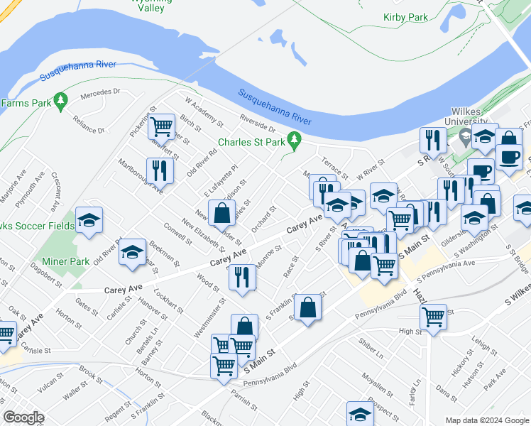 map of restaurants, bars, coffee shops, grocery stores, and more near 15 Orchard Street in Wilkes-Barre