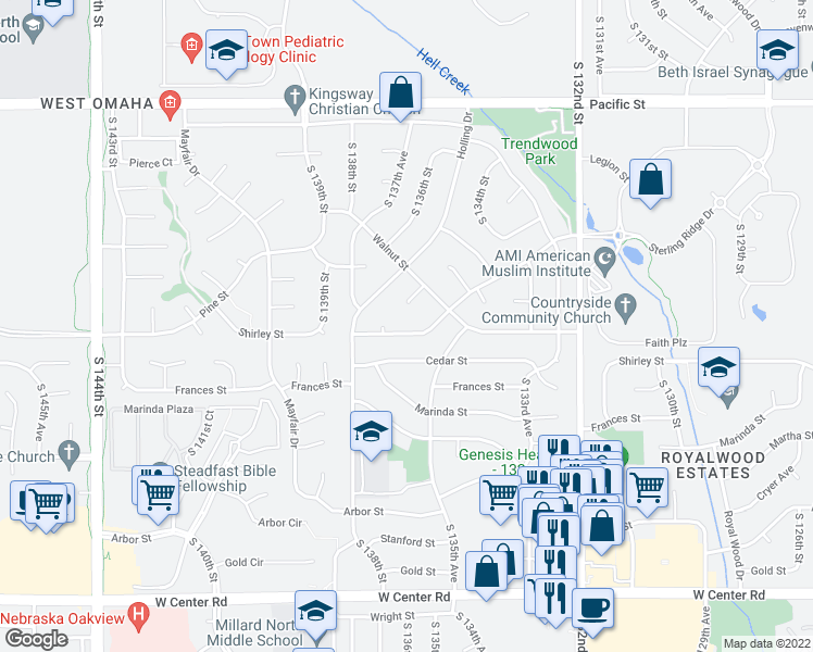 map of restaurants, bars, coffee shops, grocery stores, and more near 13612 Shirley Street in Omaha