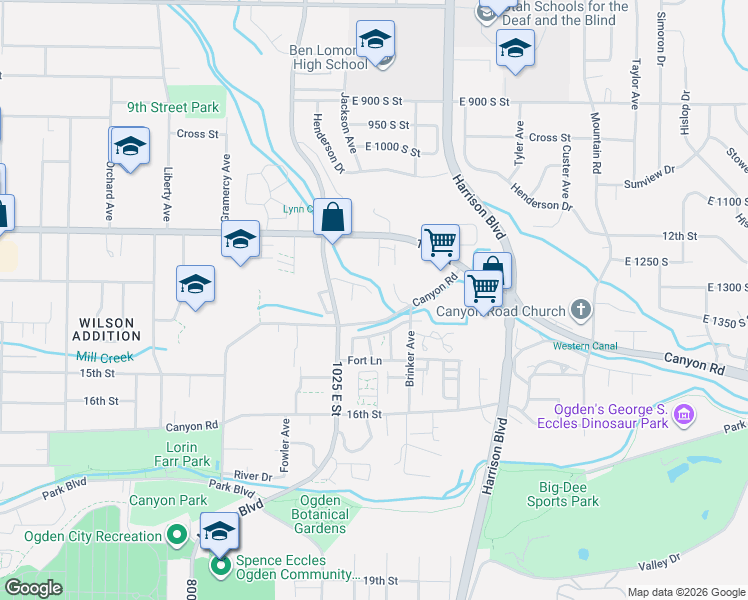 map of restaurants, bars, coffee shops, grocery stores, and more near 1077 1280 South in Ogden