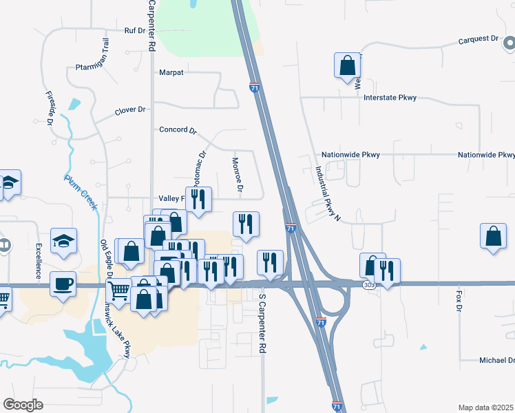 map of restaurants, bars, coffee shops, grocery stores, and more near 3213 Constitution Drive in Brunswick