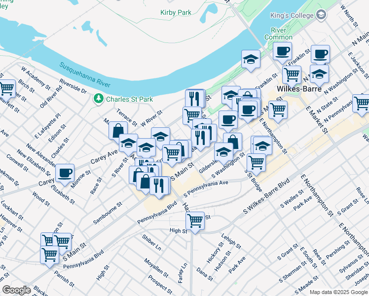 map of restaurants, bars, coffee shops, grocery stores, and more near 281 South Franklin Street in Wilkes-Barre