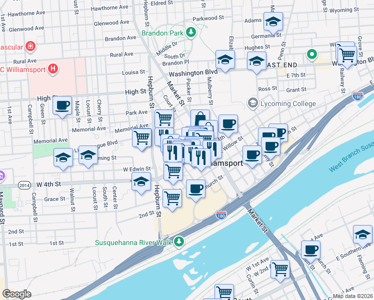 map of restaurants, bars, coffee shops, grocery stores, and more near Pine Street in Williamsport