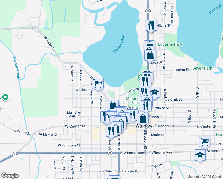 map of restaurants, bars, coffee shops, grocery stores, and more near 351 North Buffalo Street in Warsaw