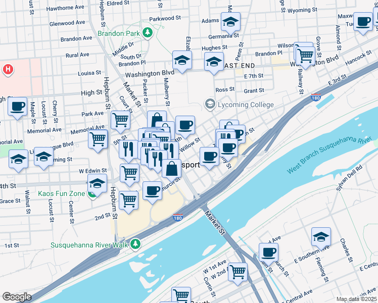 map of restaurants, bars, coffee shops, grocery stores, and more near 125 East 3rd Street in Williamsport