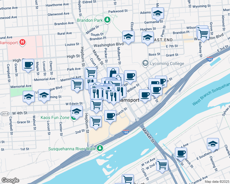 map of restaurants, bars, coffee shops, grocery stores, and more near 13 West 4th Street in Williamsport