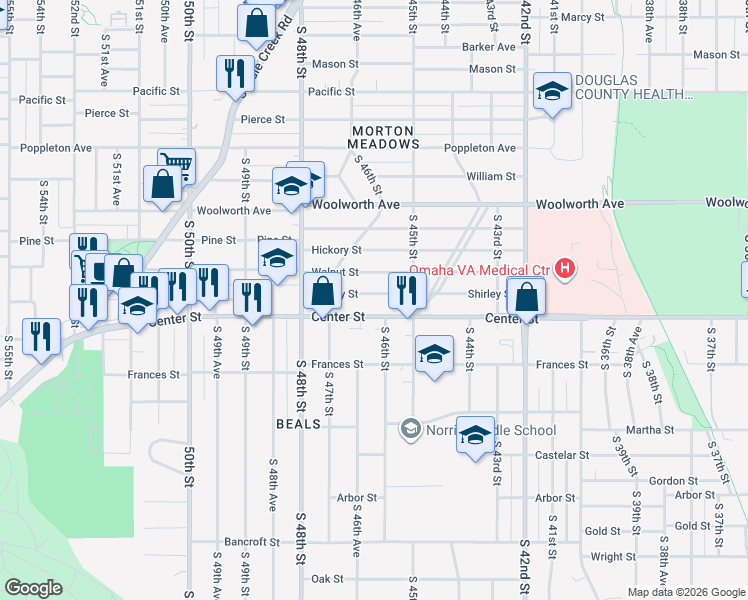 map of restaurants, bars, coffee shops, grocery stores, and more near 4532 Shirley Street in Omaha