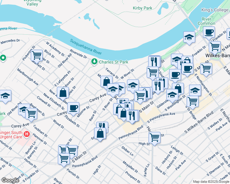 map of restaurants, bars, coffee shops, grocery stores, and more near 393 South River Street in Wilkes-Barre