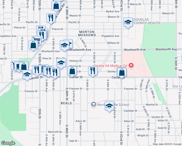 map of restaurants, bars, coffee shops, grocery stores, and more near 1815 South 45th Street in Omaha